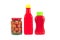 Two plastic tomato ketchup bottle and potted vegetable glass jar