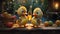 two playful ducklings, Dizzy and Dolly a wooden table with a glass of apple juice