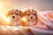 Two playful puppy lying under white blanket on a bed at home. ai generative