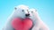 two polar bears hugging each other and holding a pink heart