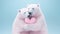 two polar bears hugging each other and holding a pink heart