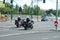 Two police officers on motorcycles on street in Poznan, Poland