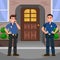 Two Policemen at Door Flat Vector Illustration
