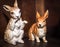 Two porcelain vintage bunny figurines with wooden background. Easter Concept