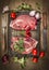 Two pork steak with meat knife and fork, fresh seasoning and spices on dark rustic wooden background, top view