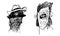 Two portraits of guys, one in a hat and a scarf, the other with a funny hairstyle. Black and white illustration, suitable for deco