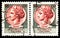 Two postage stamps printed in Italy shows Coin of Syracuse, 130 - Italian lira, serie, circa 1966