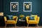 Two posters on dark teal wall, yellow chairs and flowers in interior design