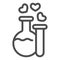 Two potions line icon. Flask and tube with elixir and hearts bubbles symbol, outline style pictogram on white background