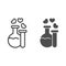 Two potions line and solid icon. Flask and tube with elixir and hearts bubbles symbol, outline style pictogram on white