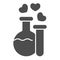 Two potions solid icon. Flask and tube with elixir and hearts bubbles symbol, glyph style pictogram on white background