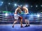 Two professional boxers are fighting on arena