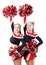 Two professional cheerleaders posing at studio. Hands raised up.
