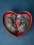 two puppies are in a box in the shape of a heart. Valentine day. Cute pets on a blue