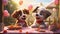 two puppies, chase heart-shaped balloons on a sunlit day love concept