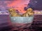 Two puppies drifting on sea in washtub