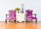 Two purple armchairs sofa couch classical style