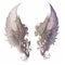 two purple wings with intricate designs on them, one of which is a bird with a long tail and wings that are curved to the side,