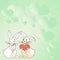 Two rabbits with heart shaped gifts with heartful background demonstrate couples exchanging offerings. Bunnies represent