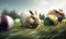 two rabbits running through a grassy field with easter eggs in the foreground and a forest in the background, with trees and