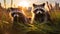 Two raccoons in a field at sunset. Neural network AI generated