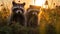 Two raccoons in a field at sunset. Neural network AI generated