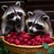 Two raccoons next to a basket of raspberries. Hold a berry in their paws