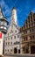 Two Rathaus buildings at Marktplatz square Rothenburg ob der Tauber Old Town Bavaria Germany