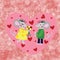 Two rats or mouses in love, mouse man give flowers mouse lady, hearts on background. Cartoon style digital drawing for calendar