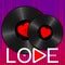 Two Realistic Black Vinyl Records with red heart labels, lettering In love mode and play button on purple sound wave