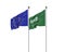 Two realistic flags. 3D illustration on white background. European Union vs Saudi Arabia