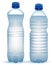 Two realistic plastic bottles with water with close blue cap on