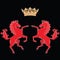 Two rearing up red horses silhouettes with king crown heraldic symbol on black background