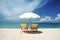 Two reclining chairs and parasols on the beach. Generative AI