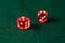 Two red acrylic transparent dicesfor games. Gambling translucent dices , macro closeup high resolution