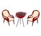 Two red armchairs facing each other with an empty grill in between. Outdoor furniture and barbecue concept. Relaxing