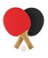 Two red and black table tennis or ping pong paddles or rackets with white table tennis ball crossed floating isolated on white