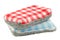Two red and blue checkered abrasive pads