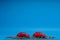 Two red car figurines placed on top of a large heap of coins, on blue background