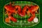 Two red cooced lobsters on green plate with football ball