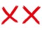 Two red crosses on white background. Red handwritten mark X made with brush strokes. Error symbol, rejected sign, ban icon, rough