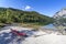 Two red deck chairs on Lake Leopoldsteiner near Eisenerz in Styria