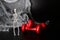 Two red dumbbells, skeleton, spider web on black background with copy space. Concept of Halloween, benefits of sports