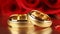 Two red gold wedding rings amidst vibrant roses and soft bokeh close up