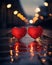 Two red hearts against a blurry urban background with a beautiful bokeh. Romantic stylish background. Valentine's