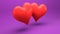 Two red hearts floating on a purple background. Three-dimensional illustration