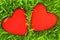 Two red hearts on green grass