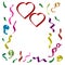 Two red hearts with ribbons and confetti in different colors in 3 d on white background
