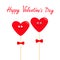 Two red hearts on sticks with bows. Cute cartoon character set. Funny smiling face. Date couple. Happy Valentines Day. Love greeti