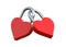 Two red locked padlocks in the shape of a heart isolated on white background